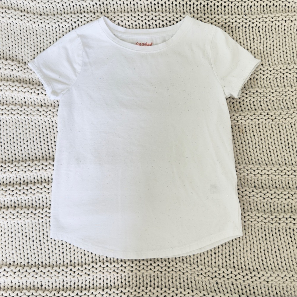 Cat & Jack Bright White Short Sleeve Glitter Girl's Tee Medium 7/8